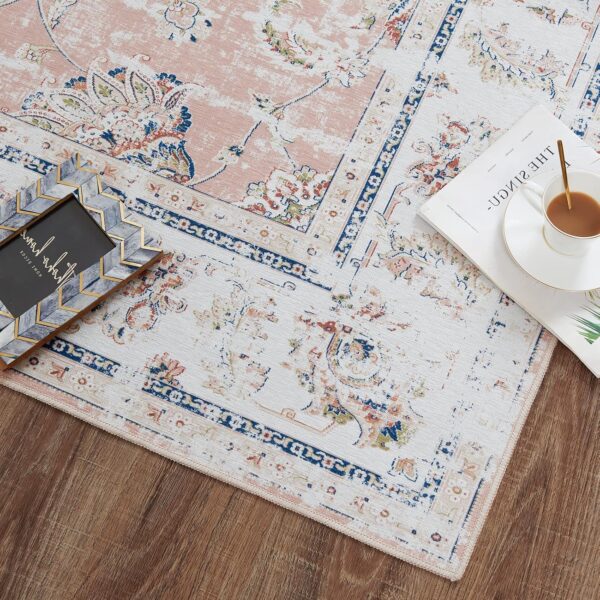 TOPICK Area Rug 120x180cm Distressed Pink Floral Vintage Rug Machine Washable Rug Chenille Print Floor Cover Indoor Thin Rug Non Slip Dining Room Living Room Office Bedroom Hall - Image 8