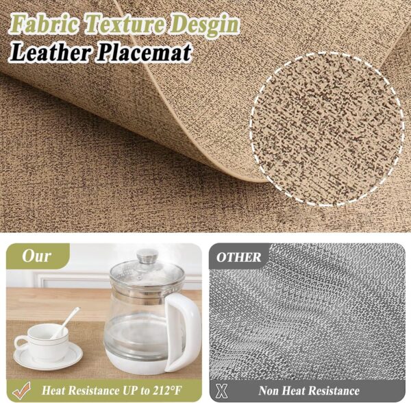 YUNJUER Leather Placemats and Coasters Set, Heat-Resistant 212 °F, Non-Slip and Waterproof, Easy to Clean, PU Tablemats for Home, Kitchen, Restaurant, Outdoor Dining Table, 8 Pieces, 43x30cm, (Beige) - Image 4