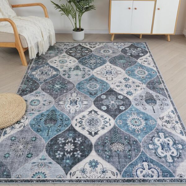 Xfrog Moroccan Small Area Rug, 80x150cm Washable Living Room Rug Ultra-Thin Rug for Entryway Non-Slip Stain Resistant Blue Carpet for Bathroom Laundry Bedroom Kids Room - Image 2