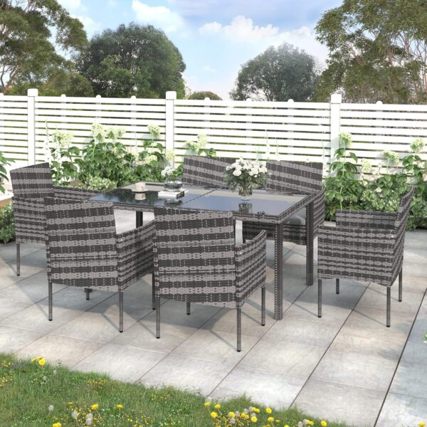 7 Pieces Grey Garden Dining Table and Chairs Outdoor Rattan Furniture Set with Rectangular Glass Top Weatherproof Wicker Rattan Outdoor Conservatory 6 Seater Patio Furniture Set - Image 2